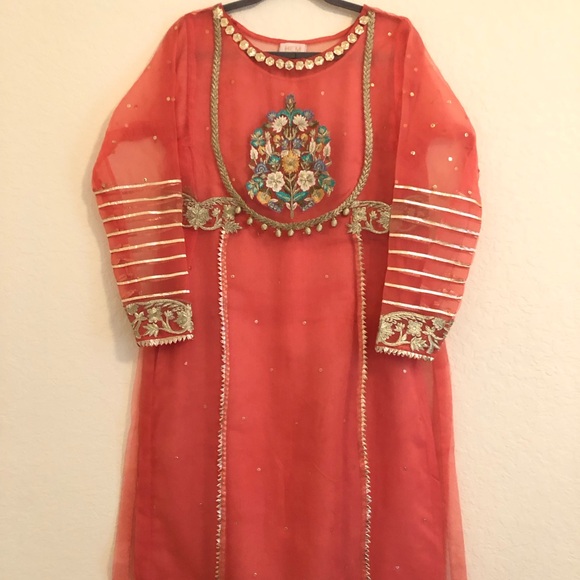 Hem & Thread Coral Dress with Floral Details - Picture 1 of 12